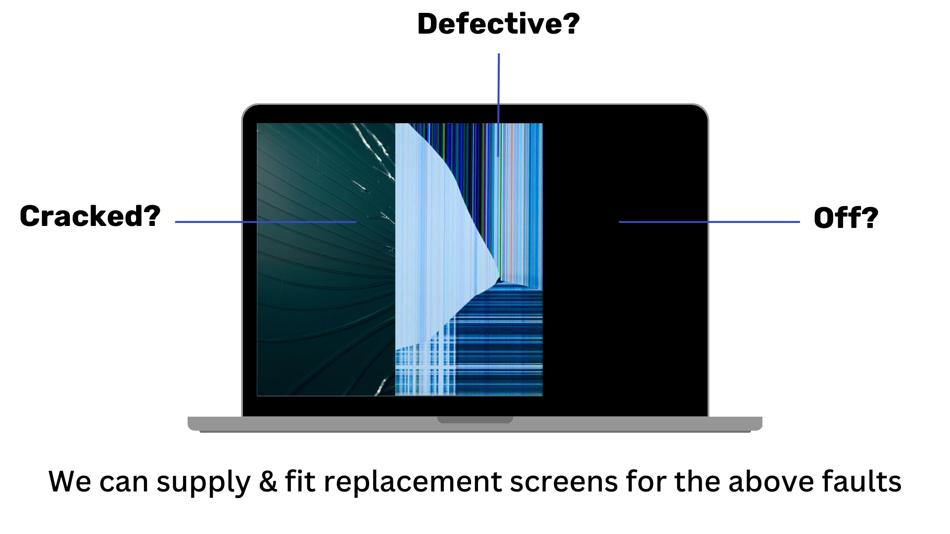 Is your screen cracked / defective / off? We can supply and fit displays to fix these faults!